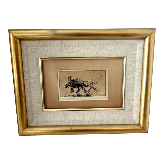 Edmund Blampied Pen Drawing of a Horse Matted and Framed in Gilt Frame For Sale