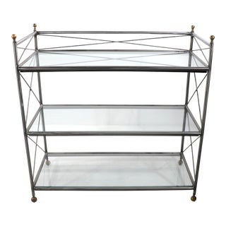 Neo Classic Regency Style Steel Brass and Glass Three Tier Shelf For Sale