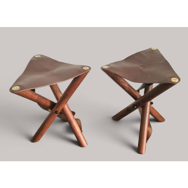 Folding Stools in Teak and Brown Leather, 1970s, Set of 2 For Sale - Image 9 of 18