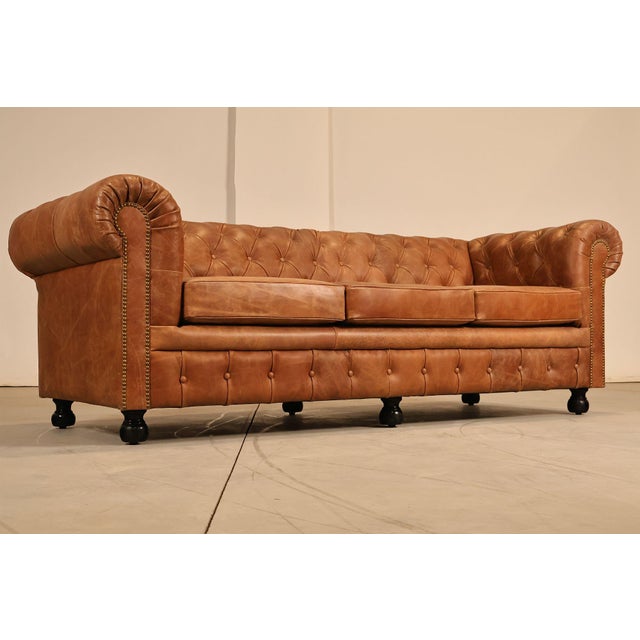 Chesterfield Style 7 Foot Distressed Brown Tufted Leather Sofa For Sale - Image 9 of 17