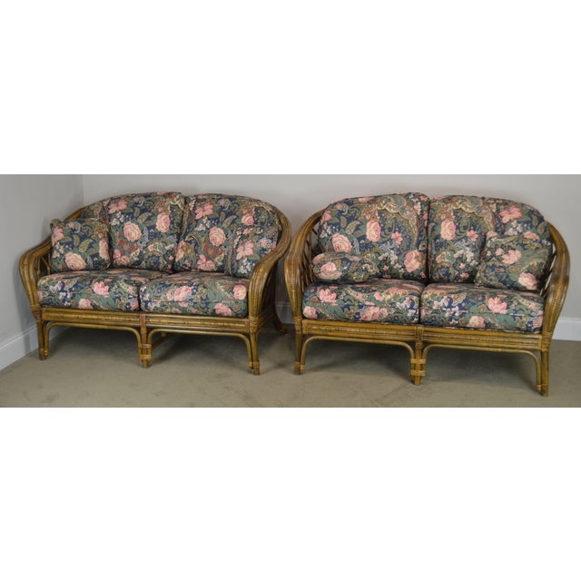 Rattan Curved Back Loveseats With Custom Floral Upholstered Cushions