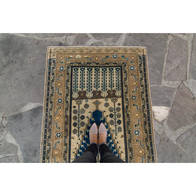 1940s Ink Blue Beige Geometric Hand-Knotted Rug - 4'1" X 7'11" For Sale - Image 4 of 11