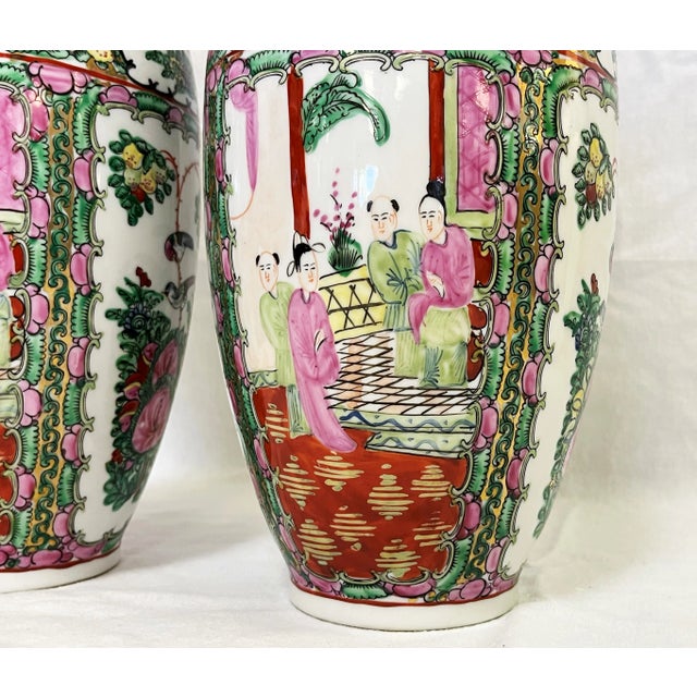 Ceramic Mid Century Asian Famille Rose Vases of Hand Painted Porcelain With Gold Accents- a Pair For Sale - Image 7 of 12
