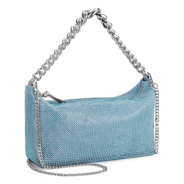Shoulder bag in aquamarine diamante' mesh with zip top closure and chunky chain link strap. Fully lined with detachable...