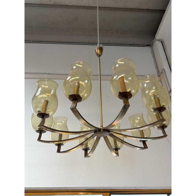 Vintage Chandelier in Brass and Etched Glass, 1950s For Sale - Image 3 of 6