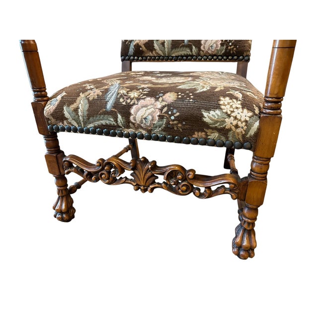 French Walnut Continental Arm Chairs in Vintage Floral Fabric, Pair For Sale - Image 10 of 11