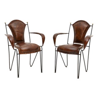 Vintage French Iron and Leather Armchairs, 1960s, Set of 2 For Sale