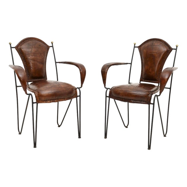 Vintage French Iron and Leather Armchairs, 1960s, Set of 2 For Sale