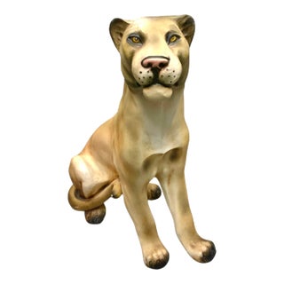 Late 20th Century Hollywood Regency Life-Size Cougar Statue, Mountain Lion Sculpture, 31"h For Sale