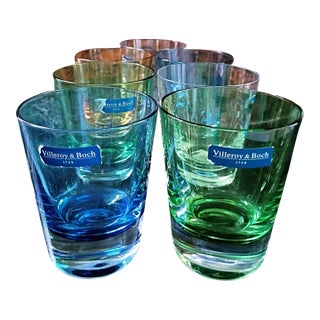 Villeroy & Boch Art Deco Multicolor Crystal Glass Whiskey Tumbler Glasses Set - Set of 7 For Sale