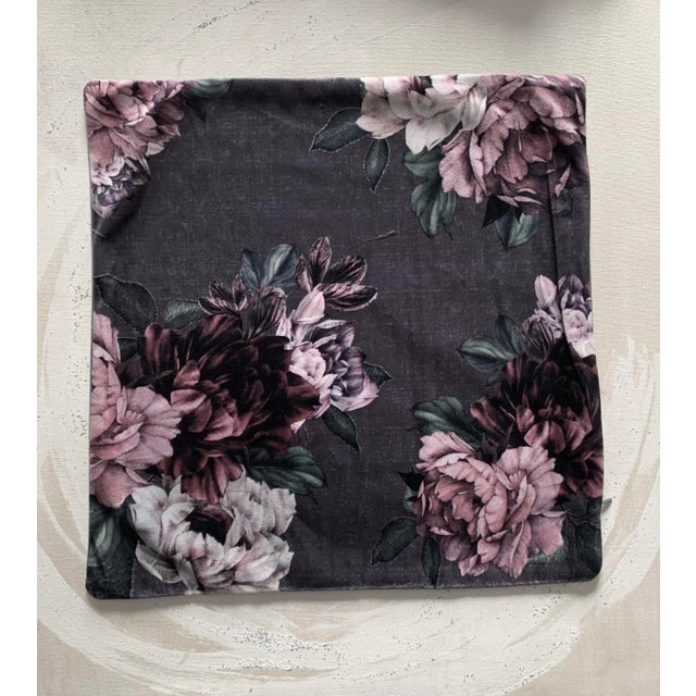 15” Pink Peonies Floral Gray Velvet Pillowcase For Sale - Image 4 of 4
