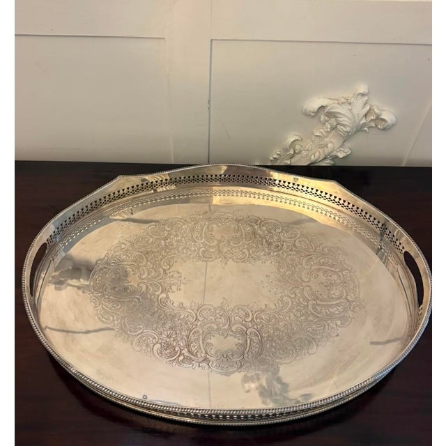 Antique Edwardian Engraved Silver-Plated Tea Serving Tray from Mappin & Webb, 1900 For Sale - Image 4 of 13