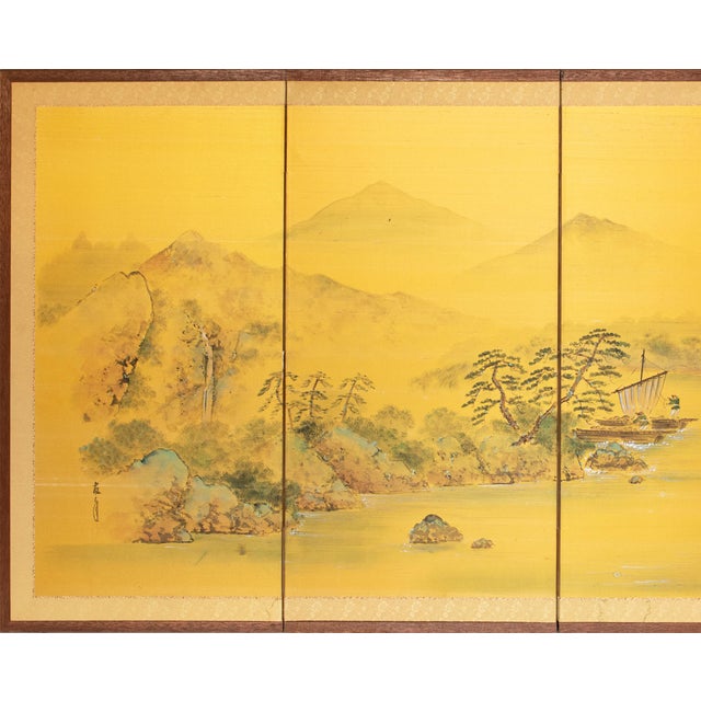 Beautiful vintage Japanese 4-panel painted silk Byobu (folding screen) depicts a graceful landscape with river, boats,...