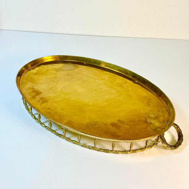 Mid-Century Hollywood Regency Boho Chic Coastal Faux Bamboo Brass Tray, Mottahedeh Attributed For Sale - Image 16 of 16