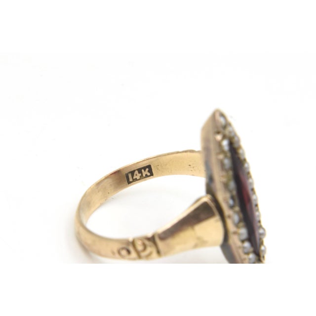 Antique Victorian 14k Gold Garnet and Seed Pearl Navette Ring, Size 5 For Sale - Image 10 of 12