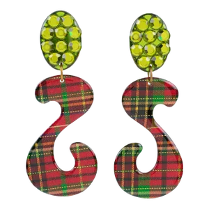 Jeweled Dangle Lucite Pair of Clip Earrings With Red and Green Plaid Pattern