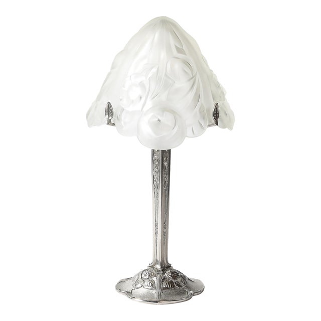 Art Deco Style Molded & Frosted Glass Table Lamp W/ Silvered Bronze Base For Sale