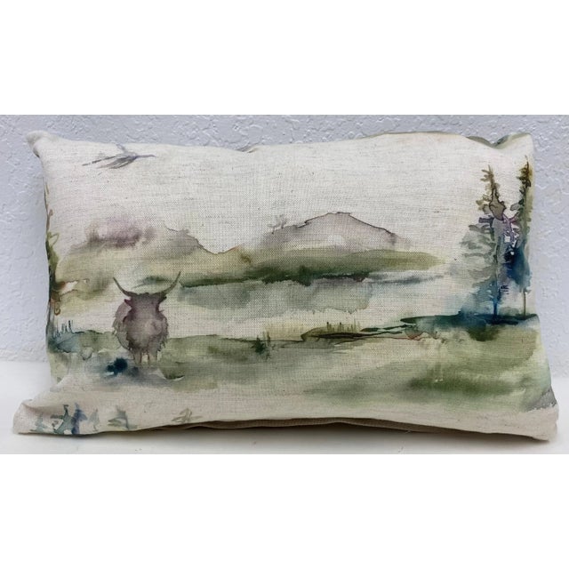 Small Bolster Pillow Decorated With a Rustic Water Color-Look Landscape Featuring Roaming Bison & Towering Trees - Made in Uk. For Sale - Image 11 of 11