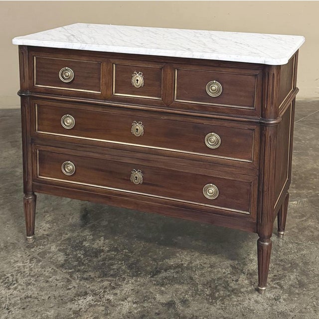 French Antique French Louis XVI Mahogany Commode With Carrara Marble For Sale - Image 3 of 17