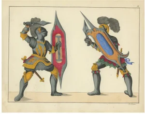 Duel with Ornate Shields and Daggers, 1842, Lithograph