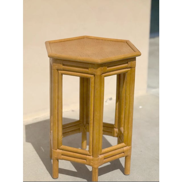 Vintage Hexagon Bamboo Rattan Accent Table French Country Tiki Palm Beach For Sale In Los Angeles - Image 6 of 7
