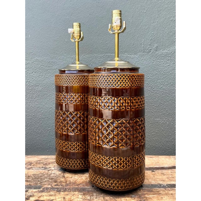 Vintage Geometric Pattern Ceramic Lamps For Sale - Image 4 of 12