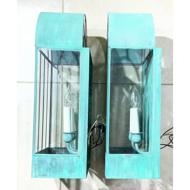 1960s Pair of Vintage Solid Brass Wall Lanterns / Sconces With Rich Verdigris Patina For Sale - Image 5 of 13