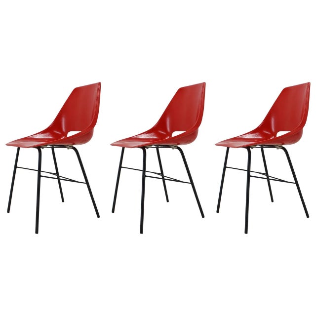 Plastic Czechoslovakian Red Fiberglass Dining Chairs, 1960s, Set of 3 For Sale - Image 7 of 7