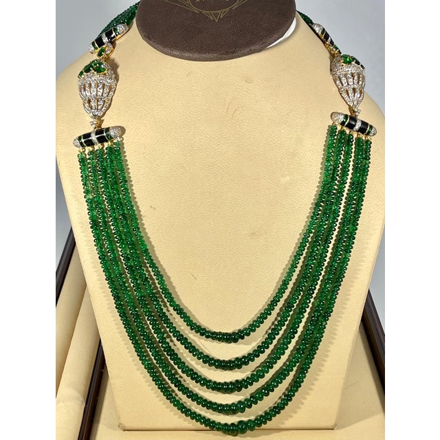 335 Carat 5-Strand Emerald Necklace with 6.5 Carat Diamond & Enamel in 14k Gold For Sale - Image 10 of 18