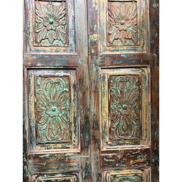Mid-Century Modern Antique Green Floral Double Doors Rustic Sliding Barn Doors 80x35 For Sale - Image 3 of 7