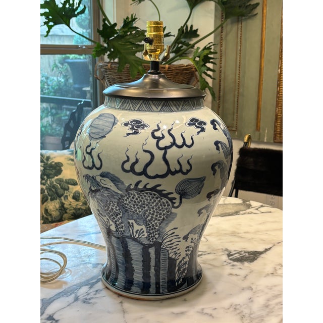 Vintage Large Scale Chinoiserie Blue & White Ginger Jar Lamp For Sale - Image 9 of 15