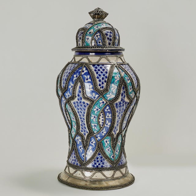 Metal Vintage Moroccan Earthenware and Metal Lidded Urn For Sale - Image 7 of 12