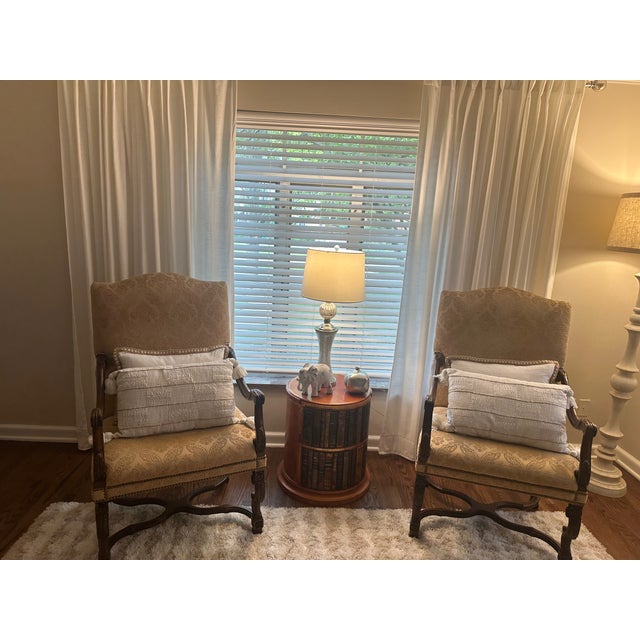 Pair of Sherrill Carved Wood Damask Armchairs With Nailhead Trim Pair of Sherrill Carved Wood Damask Armchairs With Nailhead Trim For Sale - Image 12 of 17