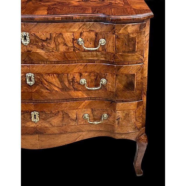 Brown Continental Rococo Style Burl Walnut Arbalète-Form 3-Drawer Commode For Sale - Image 8 of 9