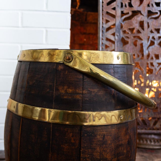 Antique Dutch Wood Cooper Barrel With Brass Hoops and Handle For Sale - Image 16 of 18