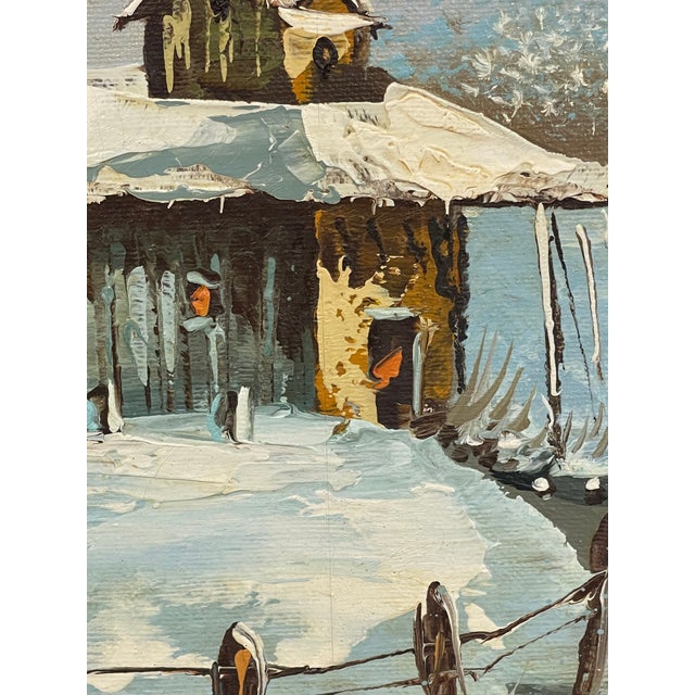 Vintage Signed Winter Landscape Oil Painting on Canvas in Hand-Carved Wood Frame, Rustic Snow Cabin Scene.. For Sale - Image 9 of 10