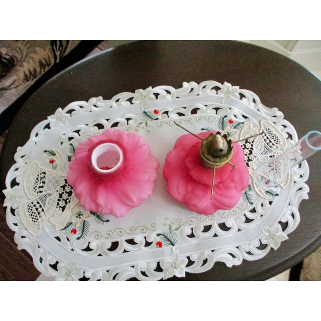 Pink Vintage Fenton Lg Wright Mini Pink Satin Puffy Plume/Rose Oil Lamp Ex Condiction For Sale - Image 8 of 9