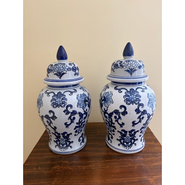 Late 20th Century Late 20th Century Chinoiserie Large Blue and White Porcelain Ginger Jars, Pair For Sale - Image 5 of 7