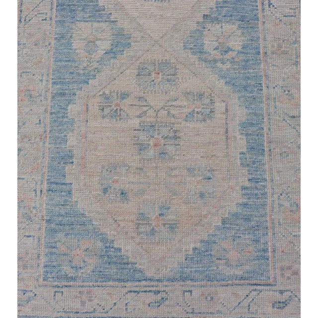 Shabby Chic Oushak Modern Runner With Medallion Design in Shades of Blue and Cream For Sale - Image 3 of 9