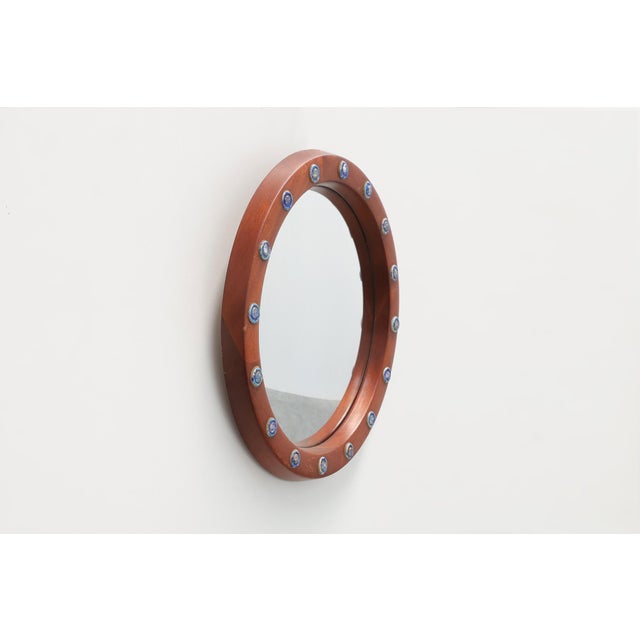 Round Teak Mirror with Blue Ceramic Stud Decoration by Deknudt, 1960s, 1950s For Sale - Image 4 of 11