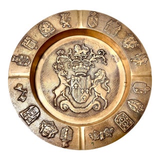 Vintage Brass Heraldic Crest Coat of Arms Lion Stag Ashtray Wall Decor For Sale