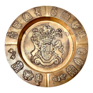 Vintage Brass Heraldic Crest Coat of Arms Lion Stag Ashtray Wall Decor