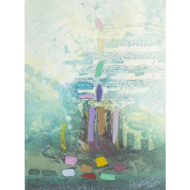 An etching by Israeli artist Nissan Engel (1931-2016). Titled "Printemps (Spring)," this abstract work features faded...