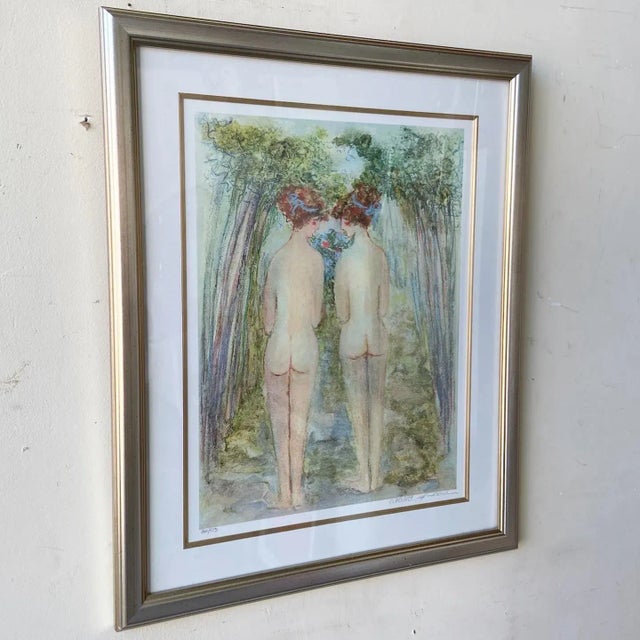 Exceptional framed/signed print by Barbara A Wood. Subject is two nude women walking side by side in the forest.