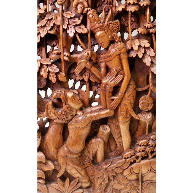Balinese Hand Carved Wood Sculptural Wall Panels, Rama & Sita From the Ramayana Epic Saga, Three Dimensional For Sale In Tampa - Image 6 of 12