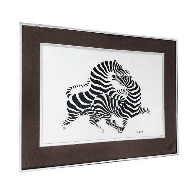 Mid-Century Modern Vintage 1970s Victor Vasarely Zebras II Framed Op Art Serigraph - Mid-Century Modern Optical Art Print W/ Brushed Aluminum Frame - 16" X 20" For Sale - Image 3 of 10