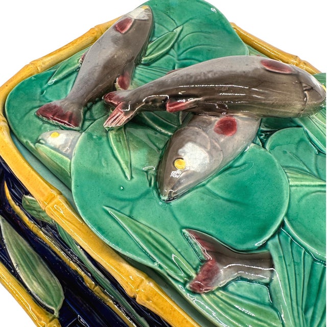 Navy Blue A Victoria Pottery Majolica Cobalt Basketweave Sardine Box, English, Ca. 1883 For Sale - Image 8 of 12