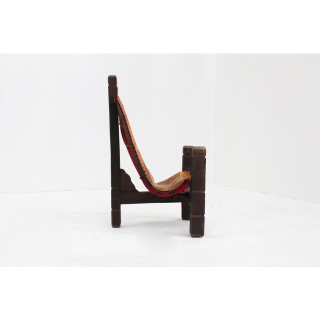 Wood Vintage Brutalist Tripod Leather and Wood Chair, 1970s For Sale - Image 7 of 10