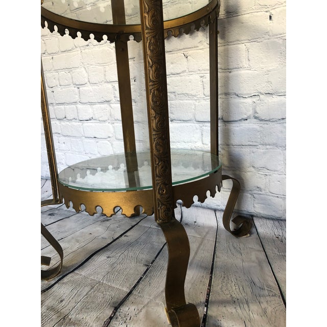 Wood Antique Bronze and Teak Wood Glass Round Curio Shelf For Sale - Image 7 of 9