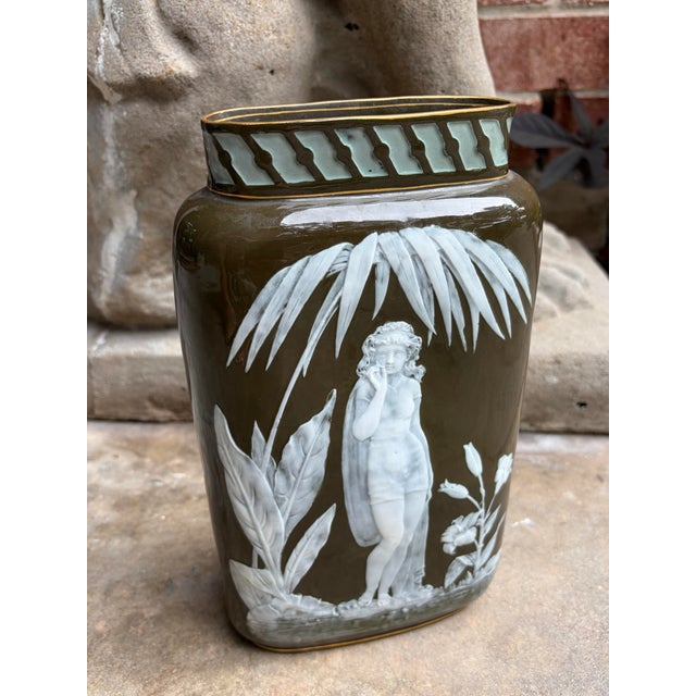 A great and rare George Jones pate sur pate vase with an Art Nouveau woman on it. Pate sur Pate is a very rare and...